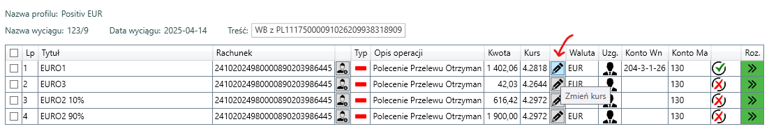 Główne okno aplikacji ze strzałką na przycisk zmiany kursu