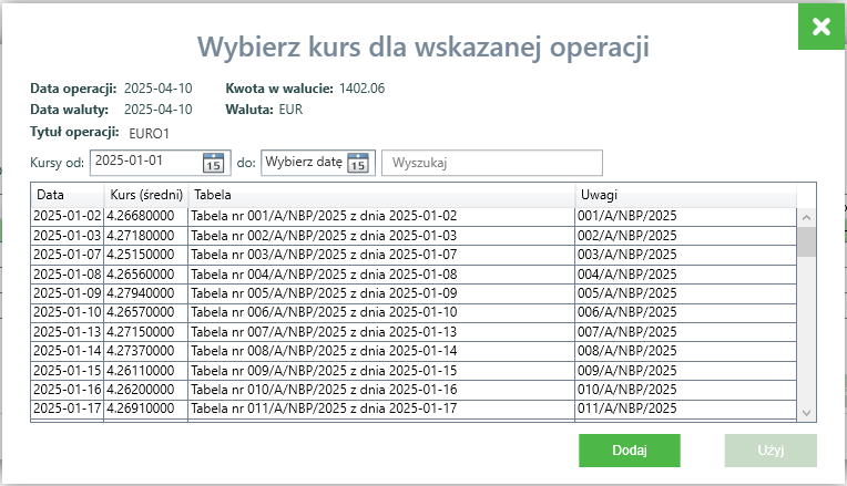 Okno wyboru kursu