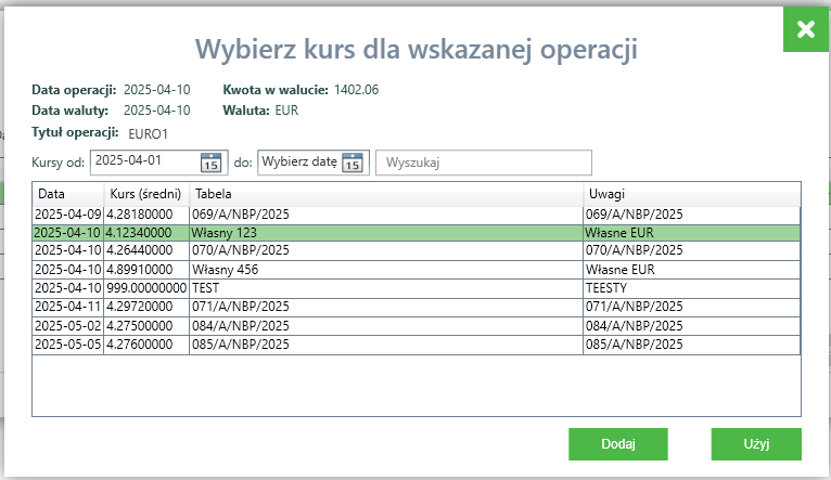 Wynik filtrowania po dacie